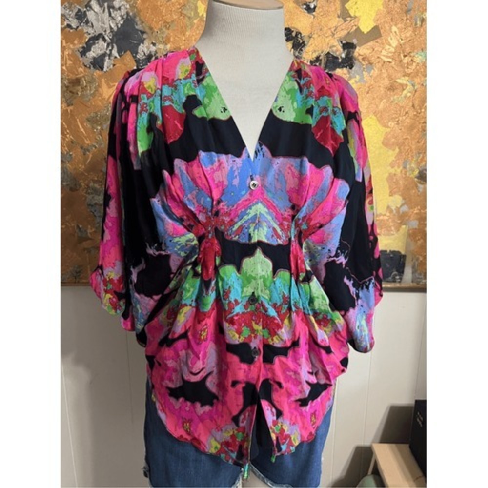 Stunning Mara Hoffman Neon Bright Silk Butterfly Style Blouse Size 6